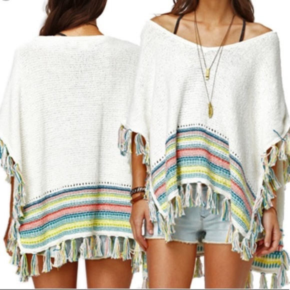 Roxy Sweaters - Serene Morning Fringed Cream Poncho Top